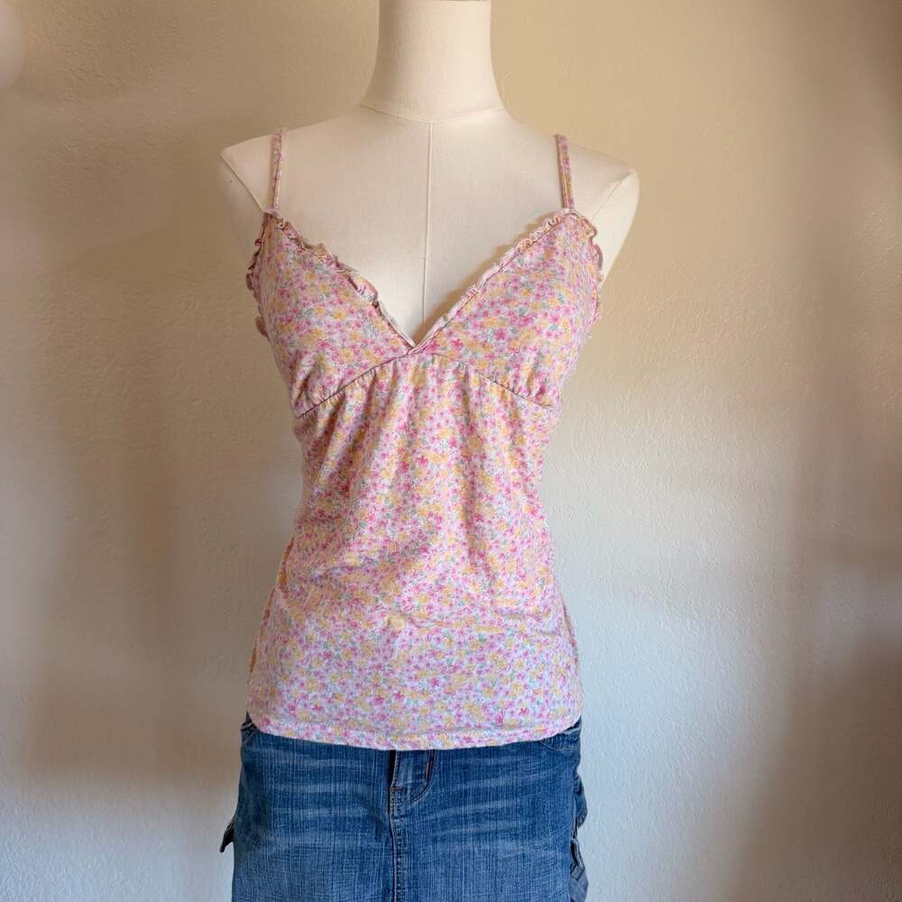 Laura Ashley Pink Floral Babydoll Cami Tank Top with Ruffle Trim